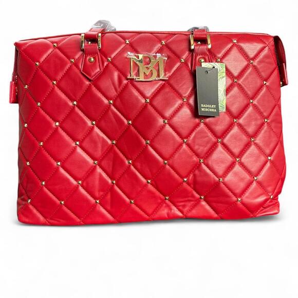 NWT Badgley Mischka Red Quilted Studded Tote Bag - Picture 1 of 6
